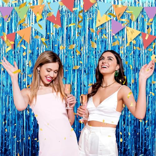 Image of 3 Pack Lake Blue Foil Fringe Curtains Backdrop, 3.28 x 9.8 Ft Metallic Streamers Tinsel Curtains Background for Photo Booth, Birthday, Halloween, Christmas, Thanksgiving, New Year Party Decorations