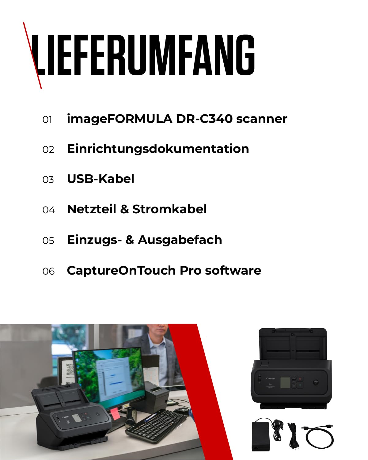 Canon imageFORMULA DR-C340 A4 Dokumentenscanner – Kompaktes Design & erweiterte Bildverarbeitung fürs Büro – 100-Blatt-Einzug – mit Canon CaptureOnTouch Pro