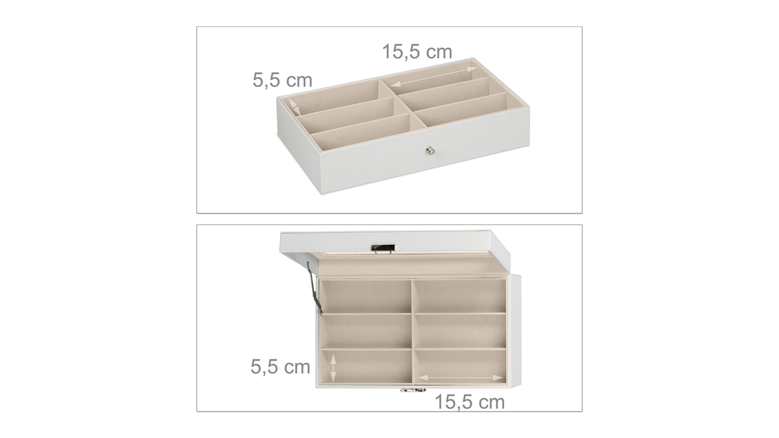 Relaxdays Organizador 12 Gafas de Sol, Ventana Cristal, Estuche Efecto Piel, Funda Terciopelo,15,5x33,5x19,5 cm, Blanco