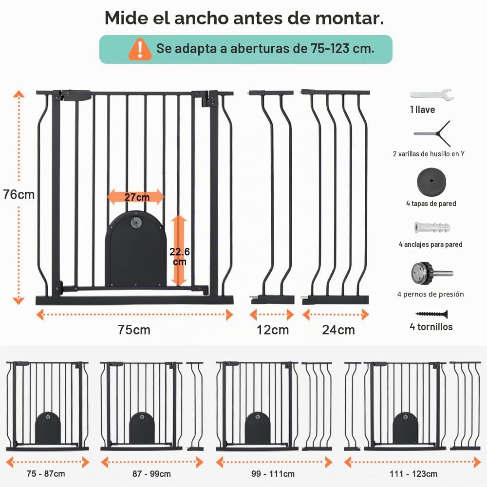 COMOMY Barrera Seguridad Niños para Puertas y Escaleras, 75 a 123cm Ultra Ancho Puerta Seguridad Bebe con Puerta Ajustable para Gatos, Barrera Seguridad Niños Escalera (Negro)