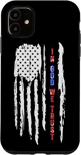Funda patriótica para iPhone 11 con la bandera estadounidense en Dios confiamos disponible en Yaxa Mexico