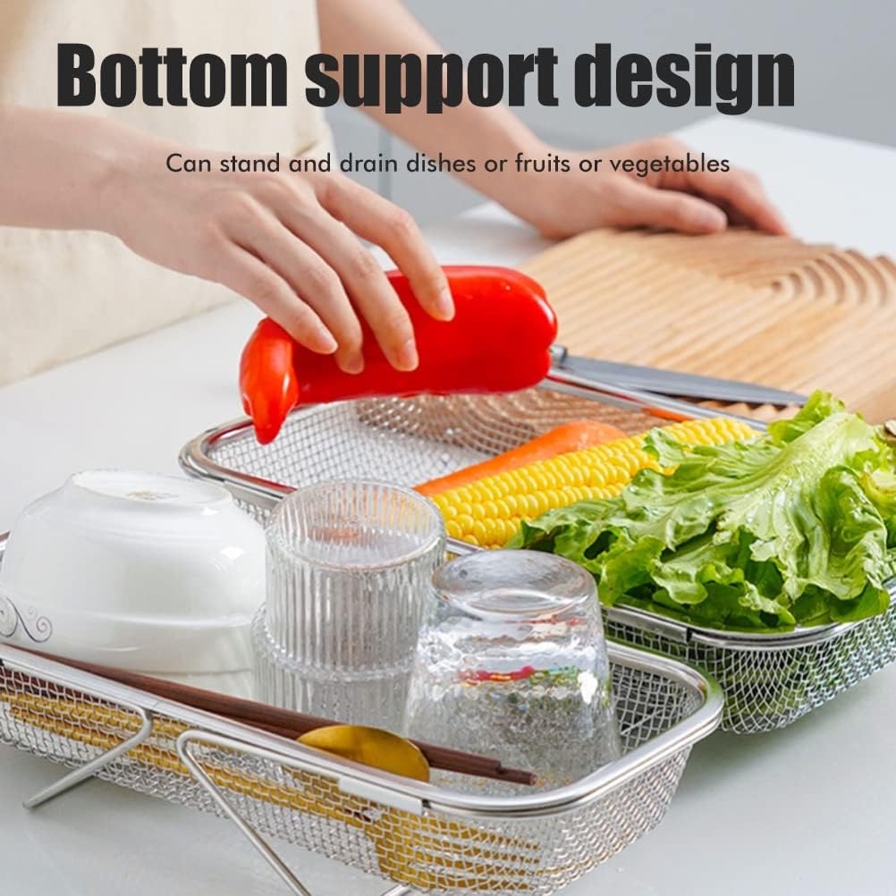 HEITIGN Over the Sink Colander Stainless Steel Expandable Strainer Basket Colander with Fine Mesh for Kitchen Sink Strain Drain Rinse Fruits Vegetables (A)