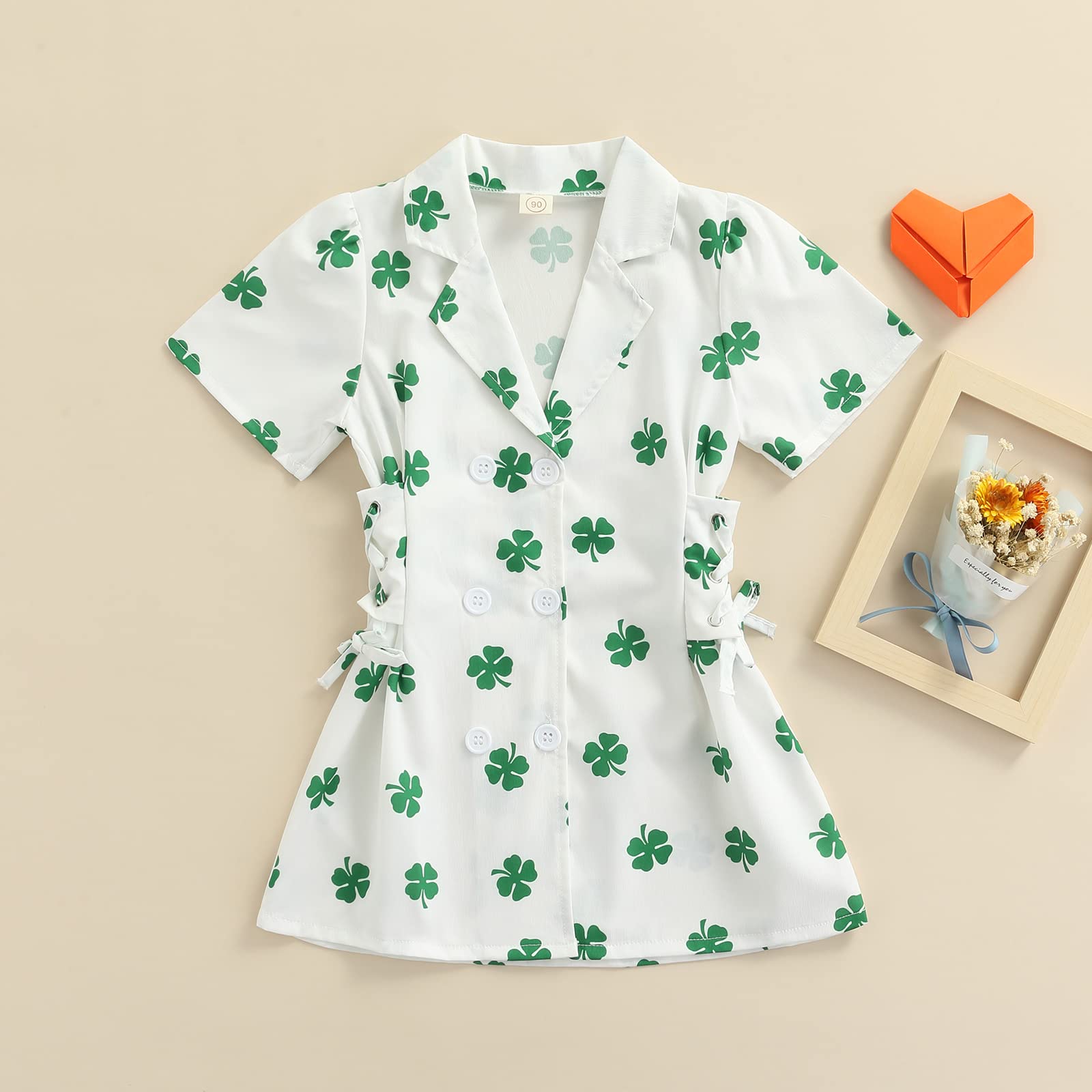 Rtnnsbbfcm Toddler Baby Girl Valentine's Day Dress Short Sleeve Lapel Heart Print Button Down Dress Summer Clothes (White Clover, 2-3T)