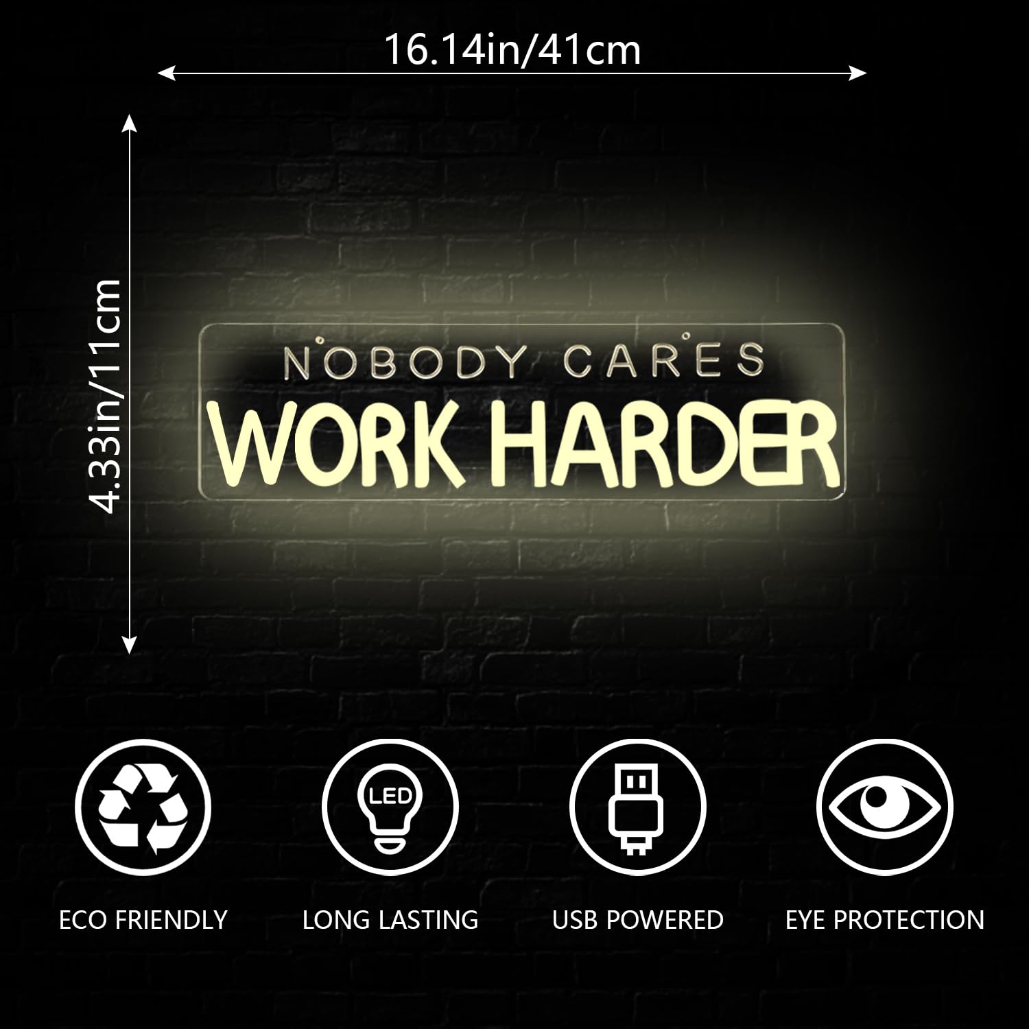 Jeachrl - Insegna al neon con scritta "Nobody Cares Work Harder", per palestra, palestra, camera da letto, club, luce al neon a LED bianca, per gli appassionati di fitness, palestra, casa, palestra