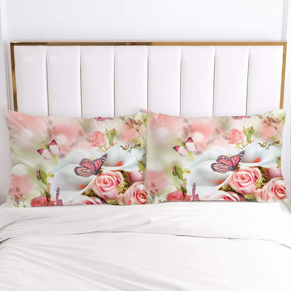 Luowei Bettwäsche 155x220cm Rosa Rose&Schmetterling Blüten Bettbezug Set 3 Teilig Weiche Microfaser Vintage Floral Blumen Bettbezug mit Reißverschluss und 2 Kopfkissenbezüge 80 x 80cm