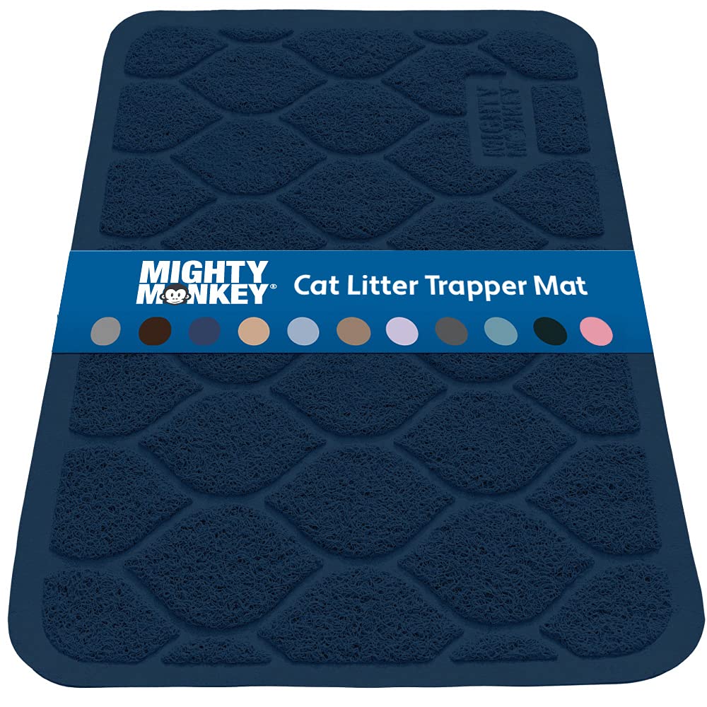 MIGHTY MONKEYDurable Easy Clean Cat Litter Box Mat, Great Scatter Control Mats, Keep Floors Clean, Soft on Sensitive Kitty Paws, Cats Accessories, Large Size, Slip Resistant, 24x17, Navy