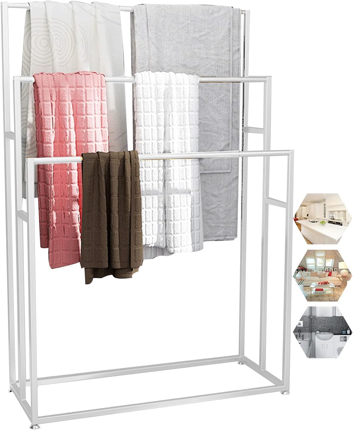 Dkrahrjj White Free-Standing Towel Rack, 3 Tier Metal Bath Towel Holder, Towel Drying Rack For Drying Towels, Clothes And Quilts