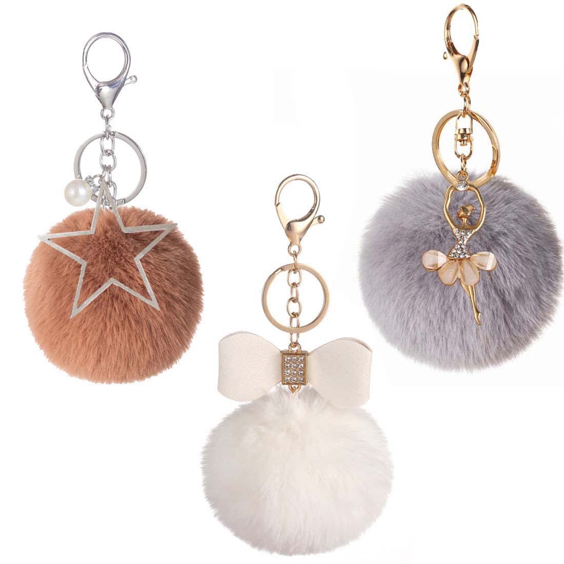 HPMAISON3 Pieces Pom Fluffy Keyring Faux Fur Keychain Chains Hanging Soft Plush Balls Pompoms Ornament Key Fob Bag Decoration Cute Gifts for Women Ladies Girls