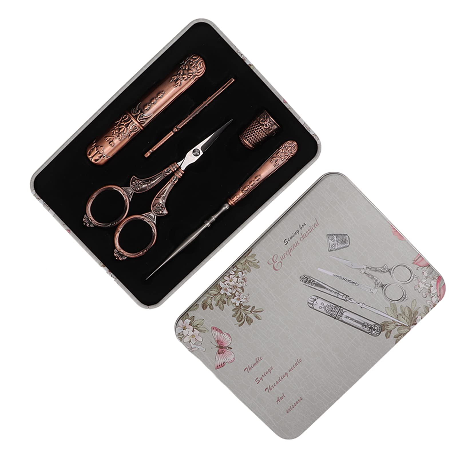 Stickscheren-Set, Vintage-Nähset im europäischen Stil, komplette Vintage-Nähwerkzeuge mit antiker Schere, Fingerhut, Ahle, Nadel, Spritze und Etui für Handarbeiten