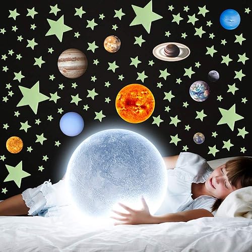Miniatura 3 de Brillan en la oscuridad estrellas y planetas sistema solar calcomanías de pared, 110 pegatinas de pared de estrellas de techo brillante, el mejor