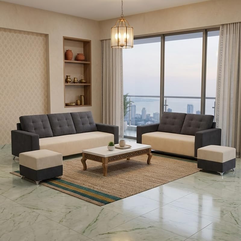 Image of Hakuna Dual Tone Plush Velvet 3 Seater + 2 Seater Sofa Set with 2 Ottoman | Silken Velvet Suede Upholstery | Designer Sofa for Living Room & Office Spaces (Dark Grey & Cream)