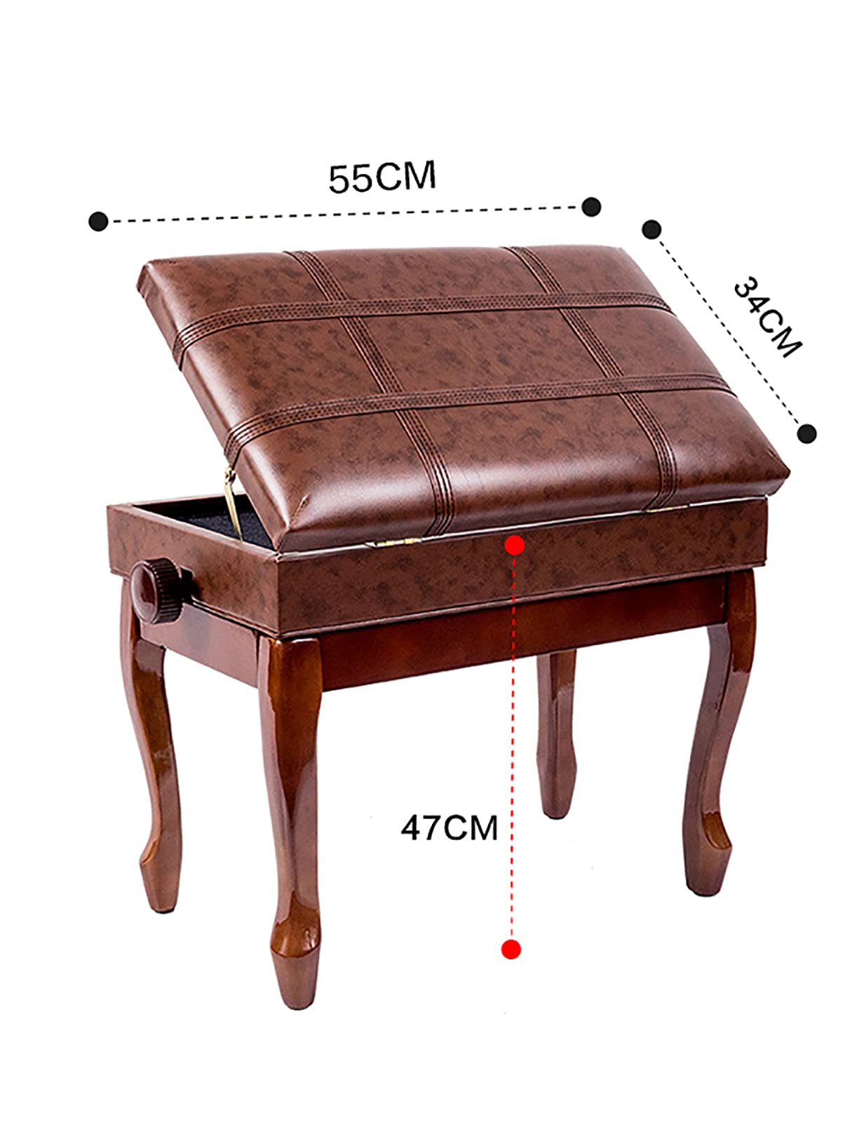 Sgabello regolabile per pianoforte, in vera pelle, con seduta imbottita, alta resilienza, altezza 47-57 cm, 55 x 34 cm, perfetto per musicisti e uso domestico
