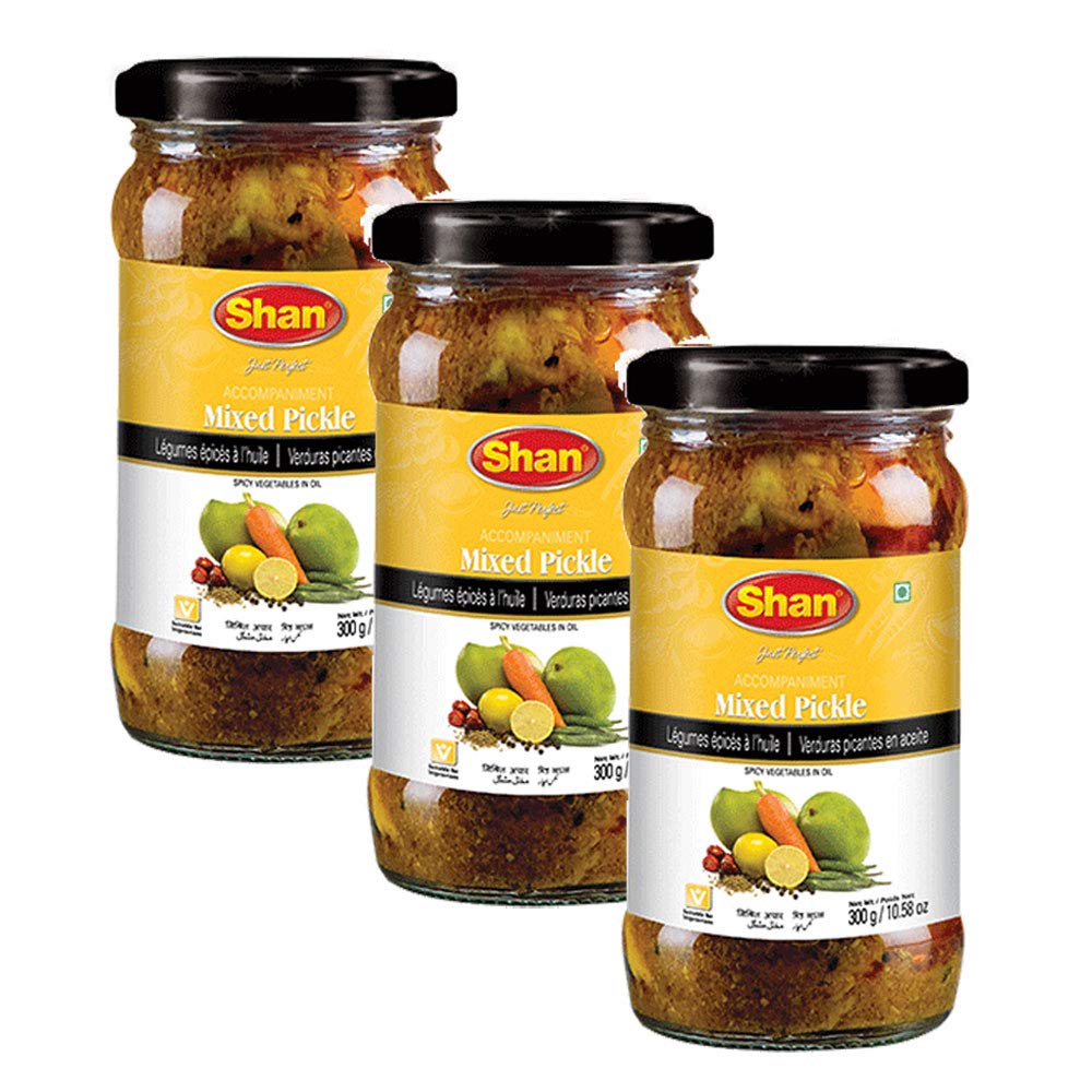 Shan Mixed Pickle 10.58 oz (300g) - Spicy Vegetables Pickled in Oil - Rich Blends of Spices - Perfect Accompaniment to Everyday Meals - Suitable for Vegetarians - Airtight Pet Jar (Pack of 3)