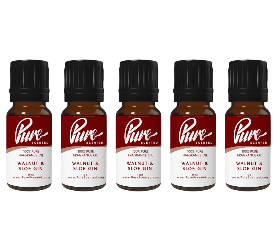 Pure Scented 50ml Fragrance Oils - 5 x 10ml Suitable for Candles, Soaps, Slime, Diffusers, Cosmetics, Wax Melts, Designer (5 x 10ml, Walnut & Sloe Gin)