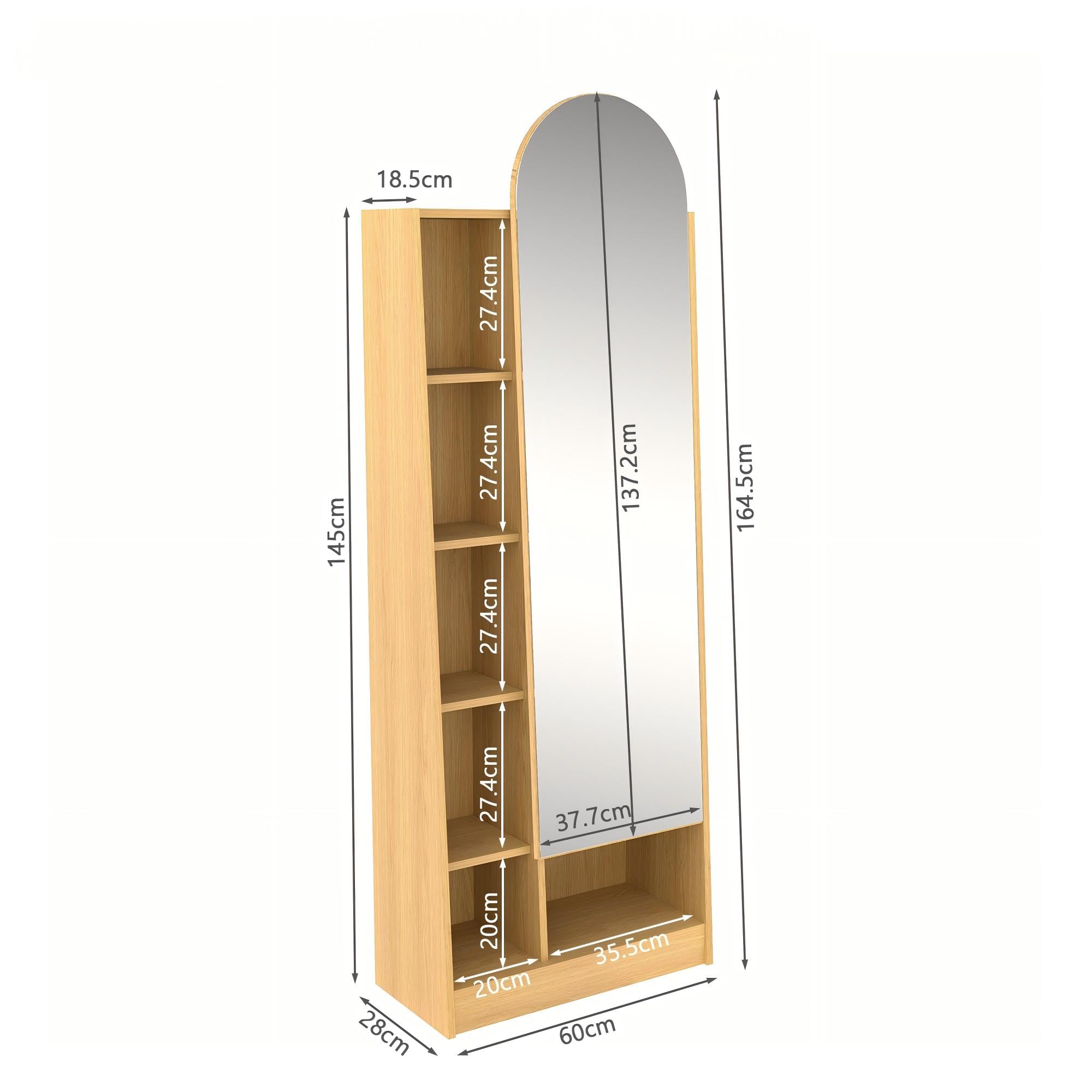 Zapatero con puerta de espejo, 60 x 28 x 165 cm, armario alto con aspecto de madera natural con espejo de cuerpo entero, armario con estantes ajustables y compartimentos abiertos, armario de pasillo y