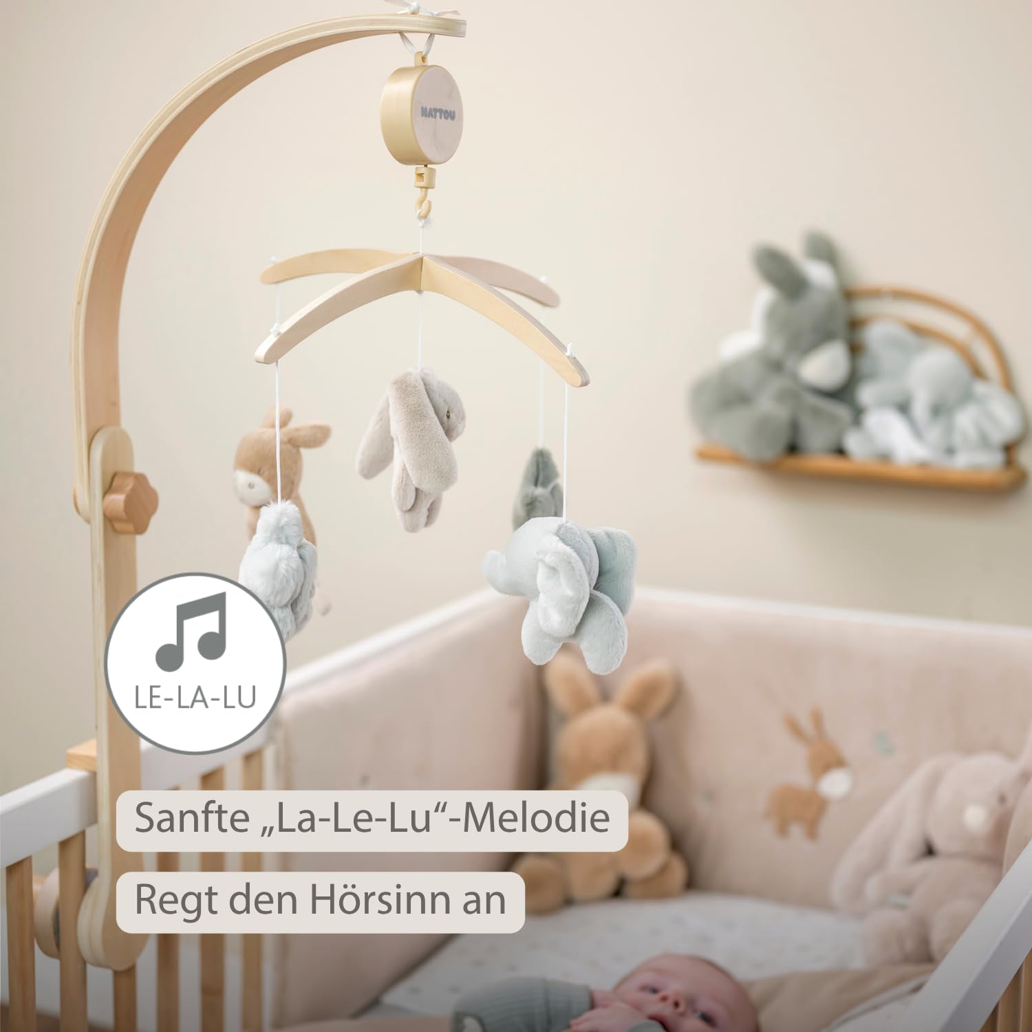 Nattou Loulou Holz-Baby-Musikmobile, Mobile Baby, Babygeschenk, Geschenk zur Geburt, 50 x 40 x 74 cm, Sanfte Farben
