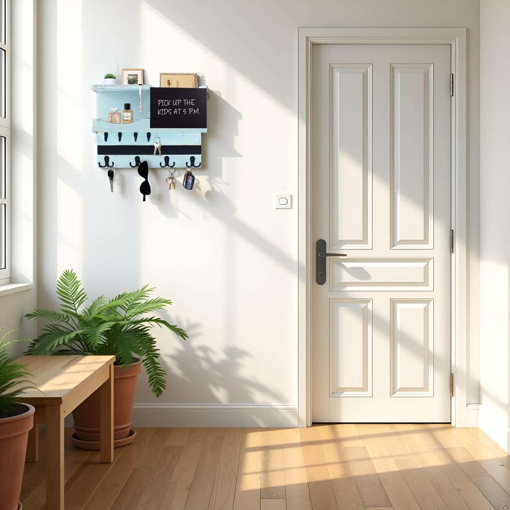 Key Holder for Wall Mount with Shelf and Mail Organizer, Key and Mail Holder with 16 Hooks, Farmhouse Entryway Organizer, Home Decor Rack(Pine Wood,Blue)