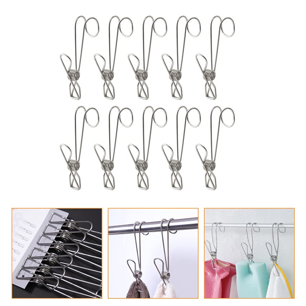HEMOTON 10 Stück Edelstahl Metall lange Schwanz Clip mit Haken Kleidernadeln hängen Universal Clips für Küche Bad Büro