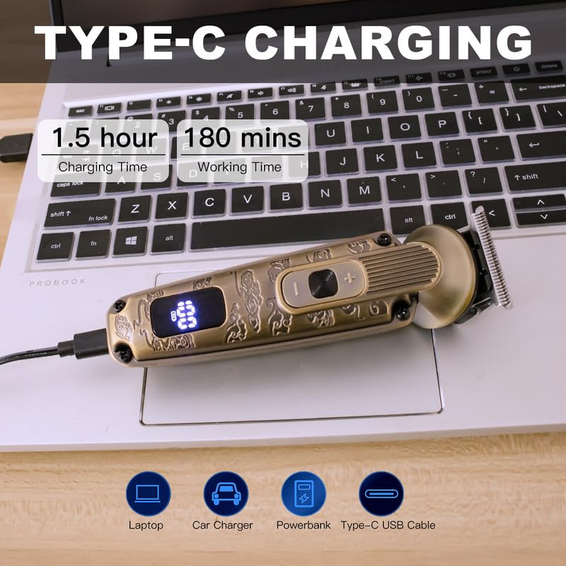Hatteker HT-6188 Hair Trimmer connected to a laptop via USB-C for charging