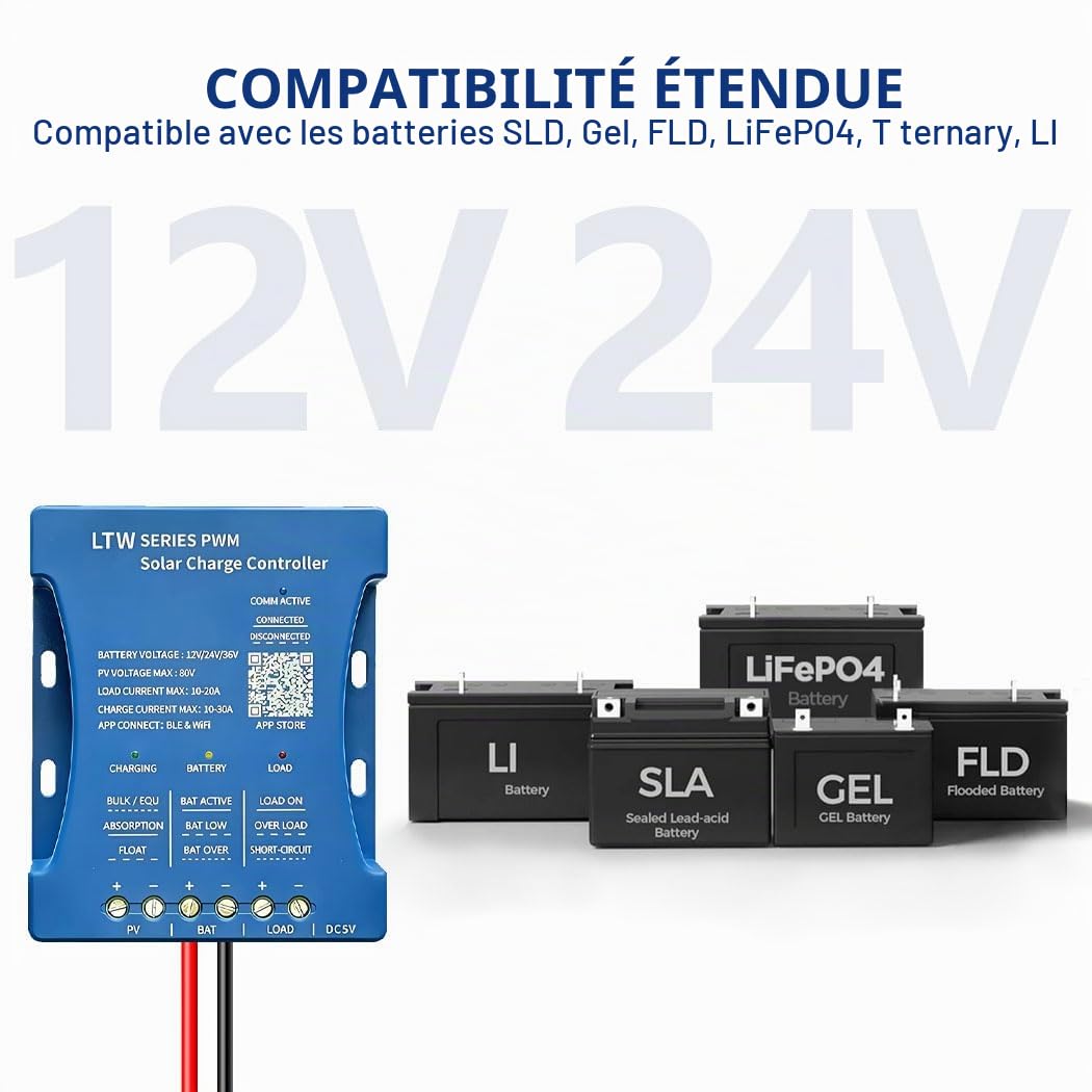 Y&H Régulateur de charge solaire Bluetooth 30A 12V 24V Contrôleur de charge solaire intelligent PWM avec port USB PV:50V-80V pour Batterie al piombo/litio (30A-WIFI)