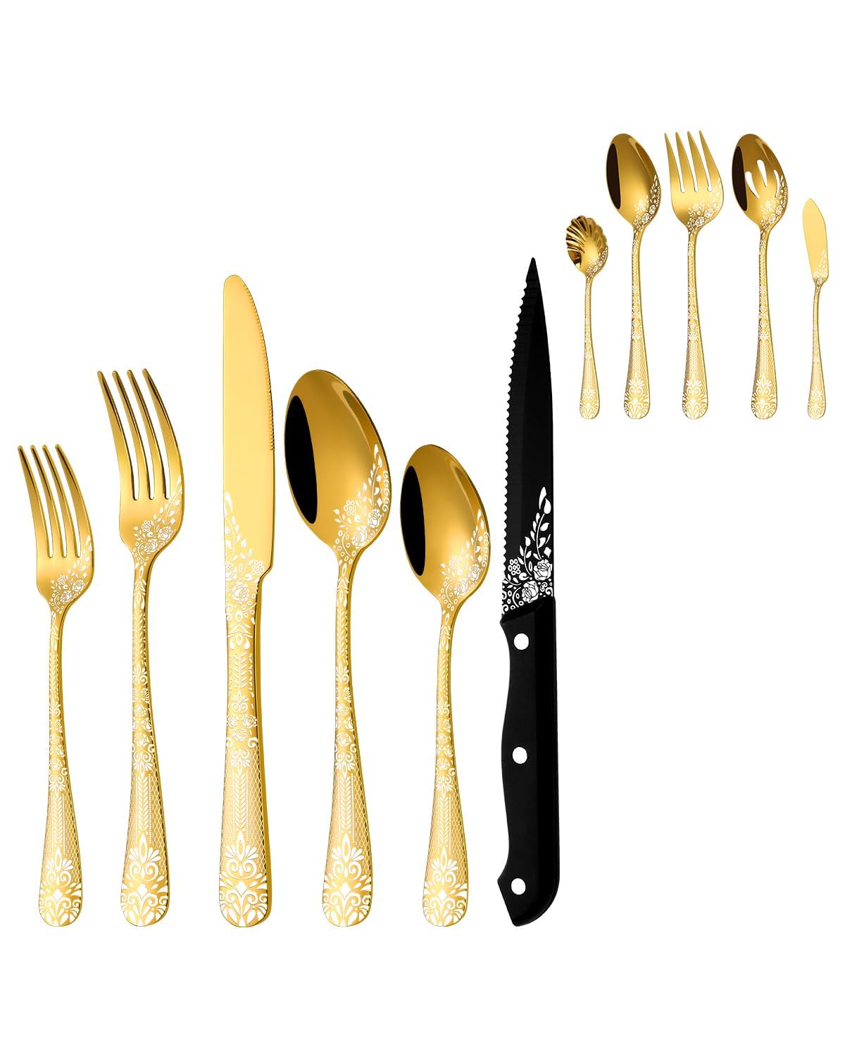 EUIRIO Gold Silverware Set with Serving Utensils Set, 29-Piece Stainless Steel Flatware Set,Kitchen Utensil Set Service for 4,Tableware Cutlery Set for Home and Restaurant, Dishwasher Safe
