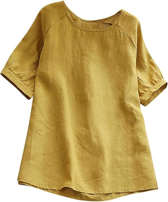 Amazon Lisusut シャツ レディース オフィス Tシャツ 綿麻 半袖 ブラウス クルーネック かわいい トップス ゆったり きれいめ カジュアル コットンリネン Tシャツ 涼しげ 薄手 夏 秋 リラックス 無地 シンプル 韓国風 ファッション Tシャツ カットソー 通販