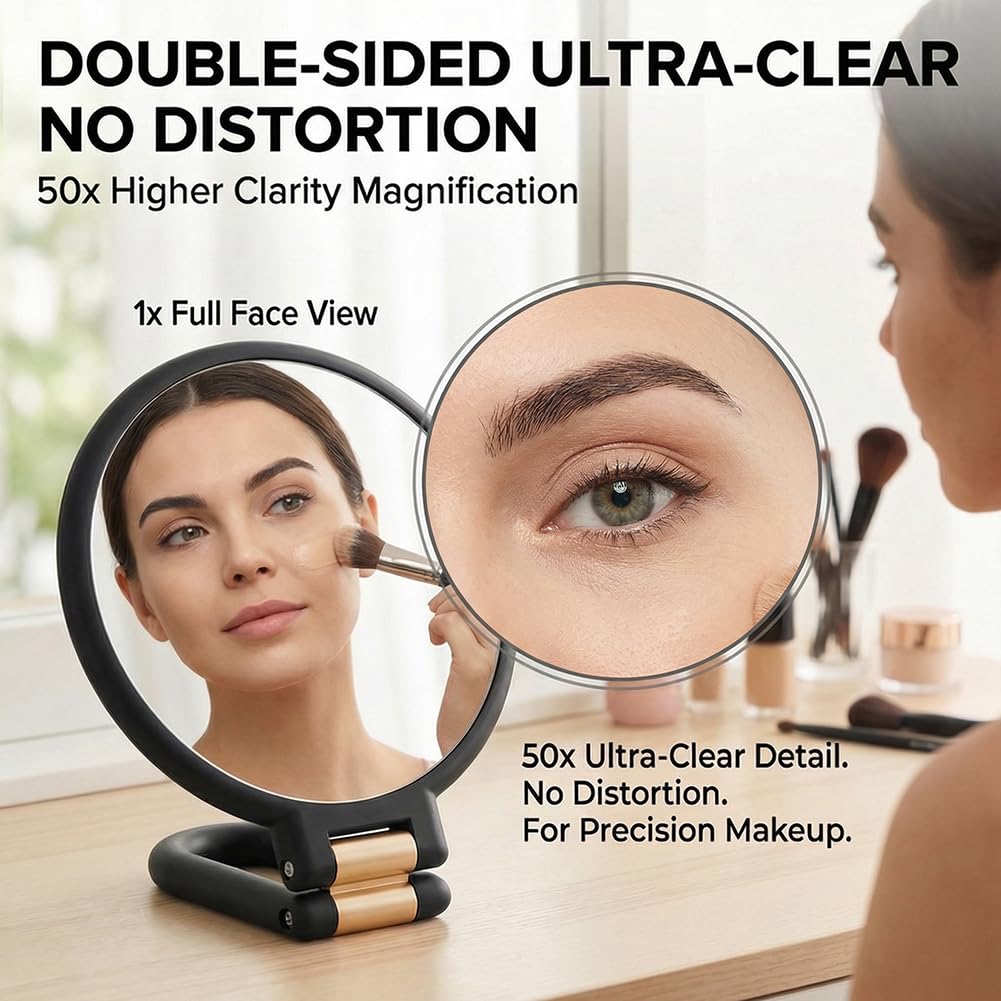 Espejo de mano con asa, doble cara de 50 aumentos y 1 aumento, espejo plegable para maquillaje, viajes, montaje en pared, uso en escritorio (negro) - 3