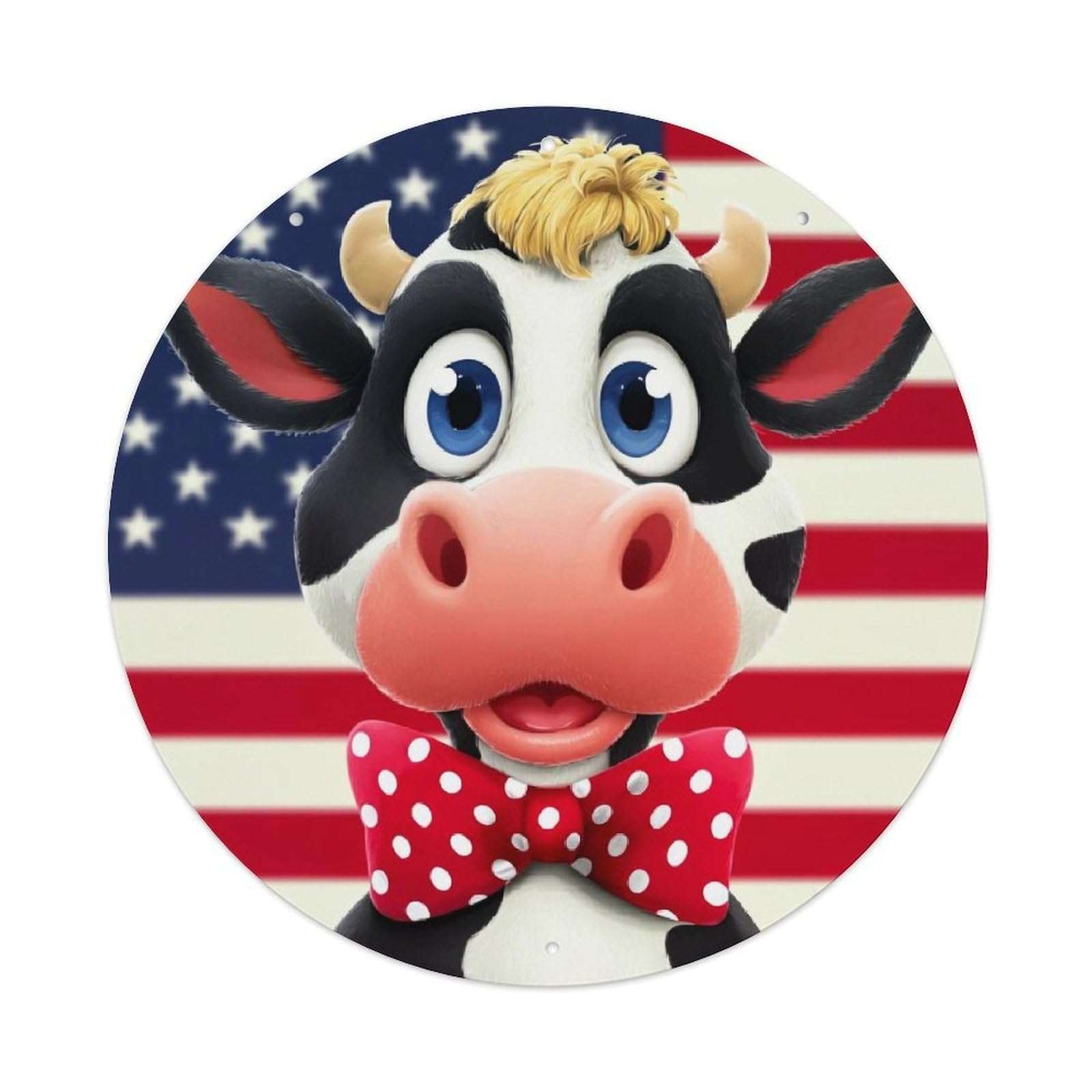 American Flag Cow Bowtie Retro Metal Sign Round Tin Sign, Vintage Decor Art Poster for Bar, Home, Man Cave, Kitchen, Laundry Room Gift 8x8Inch