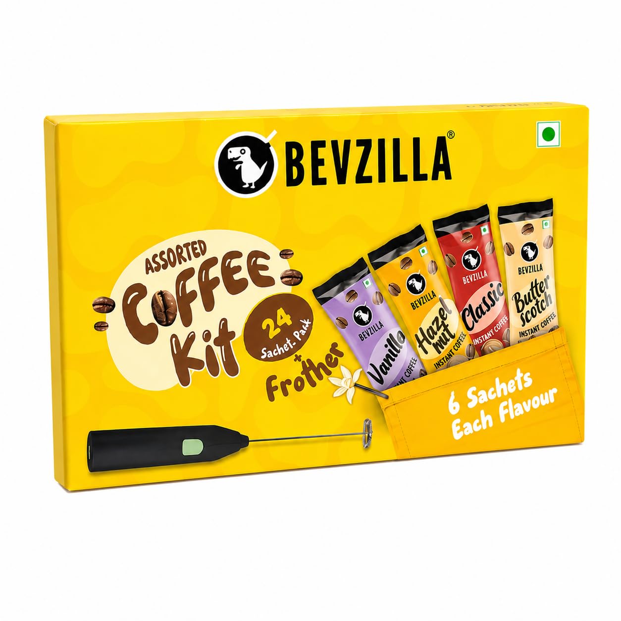 Bevzilla Instant Coffee Kit With 24 Assorted Sachets & Electric Frother - (6 X 2 Gram Sachet) | Makes 24 Cups| Turkish Hazelnut, Colombian Gold, French Vanilla & English Butterscotch | Arabica