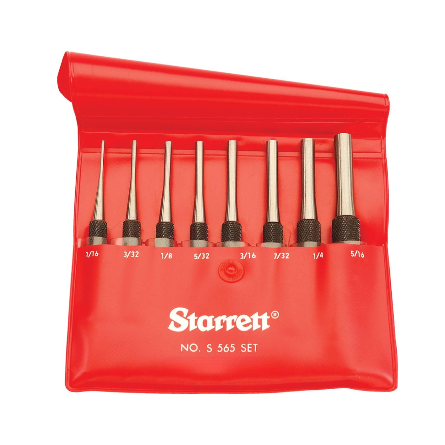 Starrett Drive Pin Punch Set with Knurled Grip and Protective Vinyl Case - 4" Length, 1/16", 3/32", 1/8", 5/32", 3/16", 7/32", 1/4", 5/16" Punch Diameter - Set of 8 - S565PC
