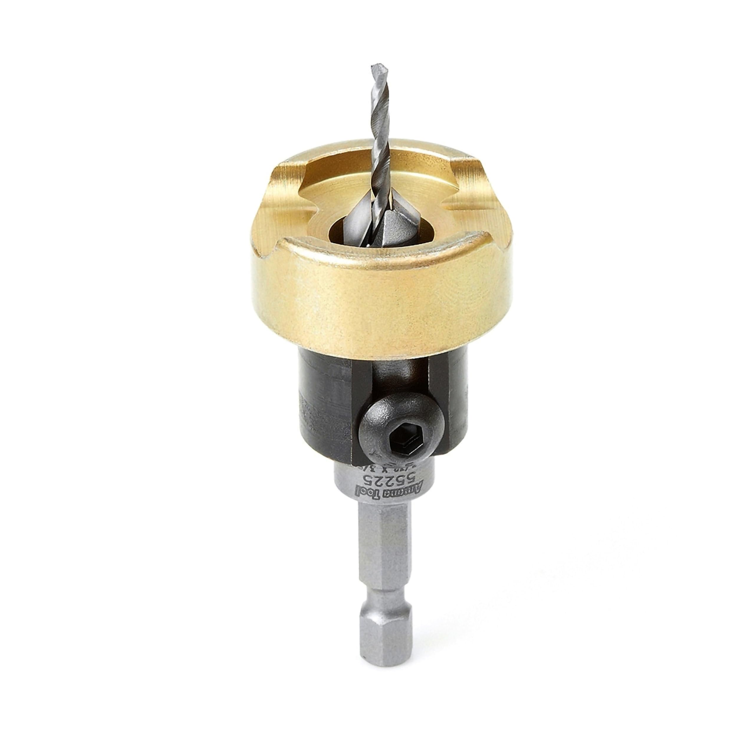 Amana Tool 55225 Carbide Tipped Countersink with No Burning and Marring Adjustable Depth Stop No-Thrust BB, 3/8 D x 3/32 Drill 1/4 Inch Quick Release Hex SHK
