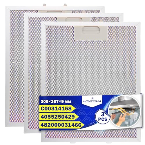 3 Piezas Filtro Campana Extractora Antigrasa de Aluminio para Campana Extractora 305x267x9 mm con Código Original 4055250429 482000031466 C00314158 para Elica para Whirlpool para Bauknecht - MONTERAL