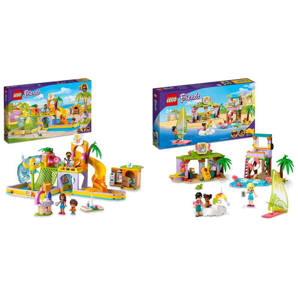 LEGO41720 Friends Water Park Set with Swimming Pool and Slides & 41710 Friends Surfer Beach Fun Holiday Set with Toy Unicorn Floatie, Turtle & Lifeguard Stephanie Mini-Doll