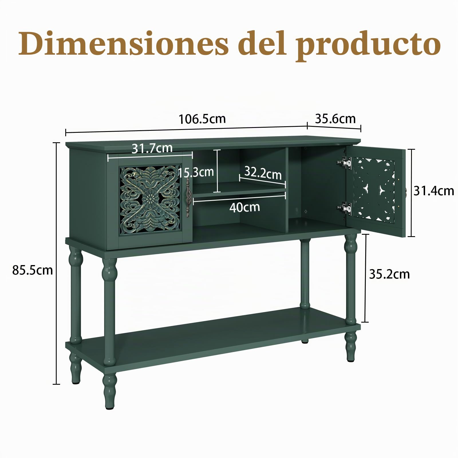 HOLTICO Mesa Consola,Mesa Auxiliar,con Almacenamiento,con 2 armarios de Estilo clásico,Compartimentos Abiertos,Patas de Madera Maciza,para salón,Entrada,Pasillo,107x36x86 cm,Verde
