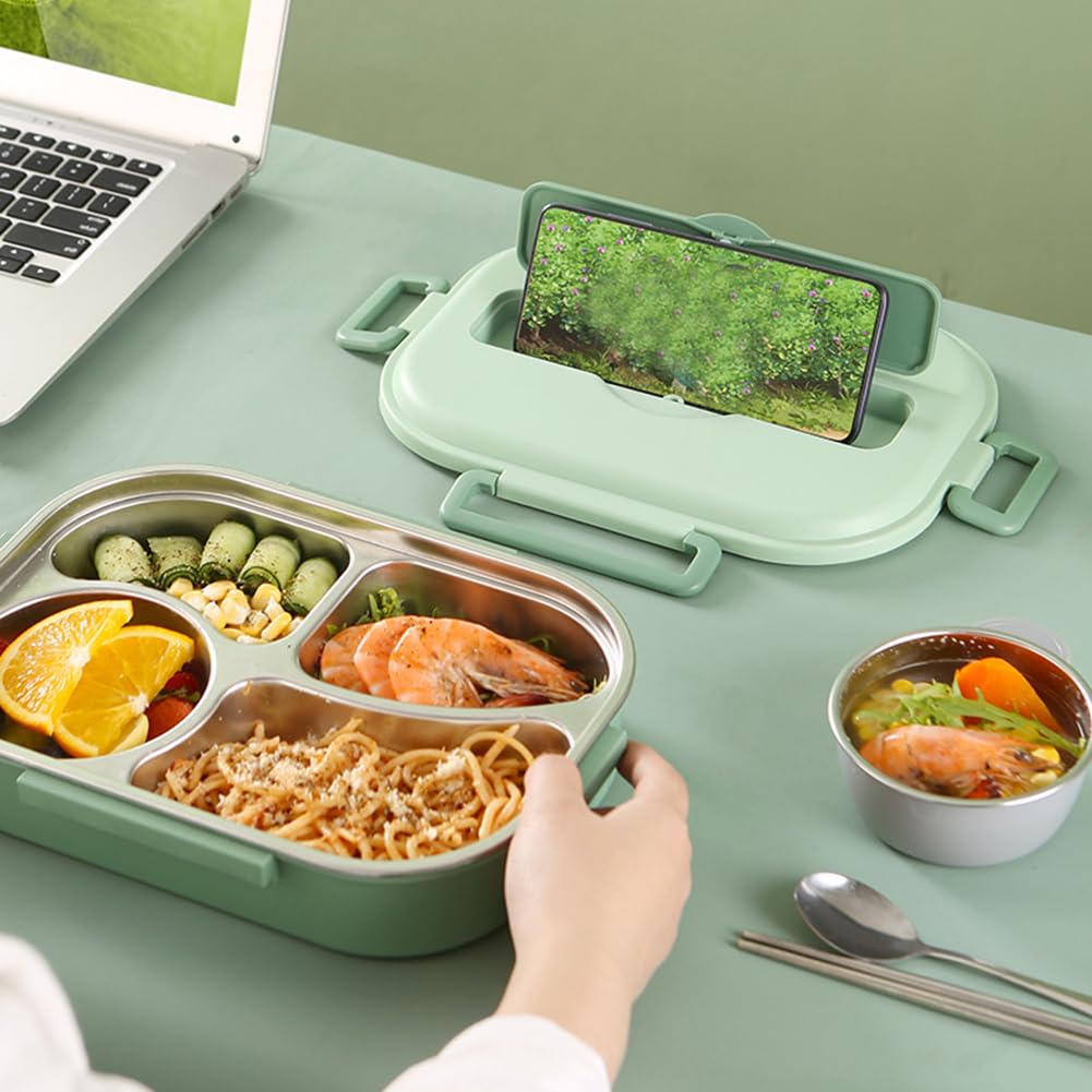 Lonchera Bento de acero inoxidable de 1500 ml con cuchara de palillos, compartimento portátil a prueba de fugas, recipientes de almacenamiento de alimentos con cuenco de sopa para el trabajo