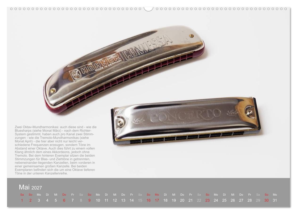 CALVENDO - Mundharmonikas im Blickpunkt (Wandkalender 2027 DIN A2 quer), Monatskalender: Verschiedene Mundharmonikaarten in Bild und Text