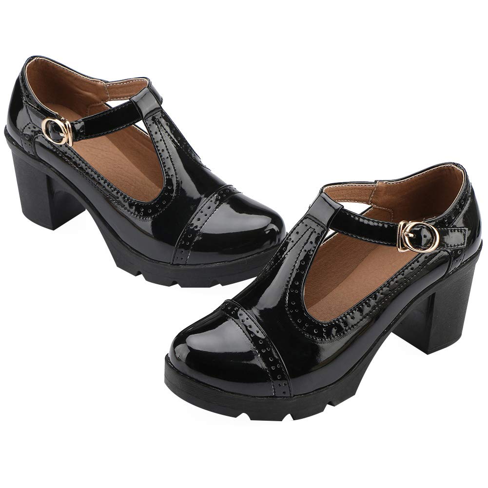 ANUFER Mujer Medio Tacón Grueso Mary Janes Brogue Bombas | Correa en T Ajustable, Cuero Sintético, Uniforme Oficina Zapatos de Vestir