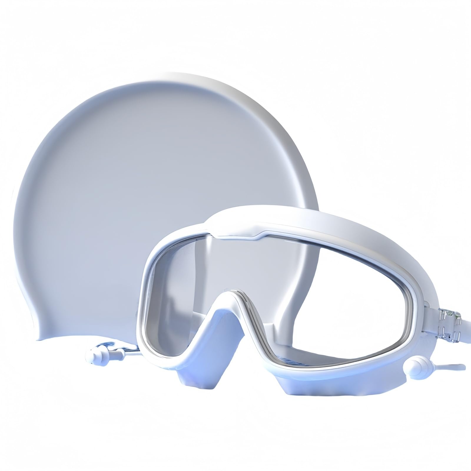 Yuziwi Swimming Goggles with Dioptres (0 to -7.0) and Swimming Cap Set - Anti-Fog, Wide Vision, Integrated Earplugs, Comfortable for Men and Women (White Swimming Cap, Without Prescription)