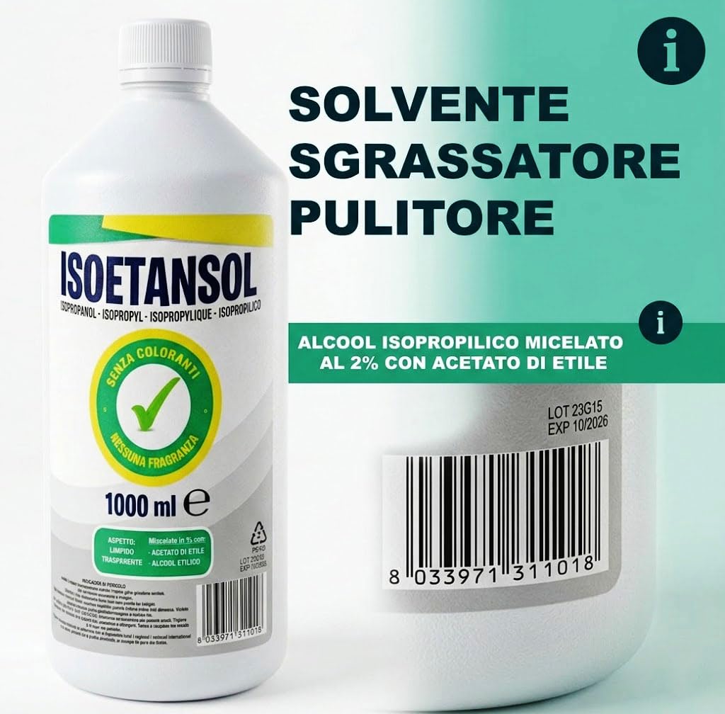 IPA ISOETANSOL 100AE, Isopropanolo, Alcool Isopropilico, Pulizia Stampanti 3D, Elettronica, Detergente per Vaschette ad Ultrasuoni, Multiuso (6, 1 LITRO)