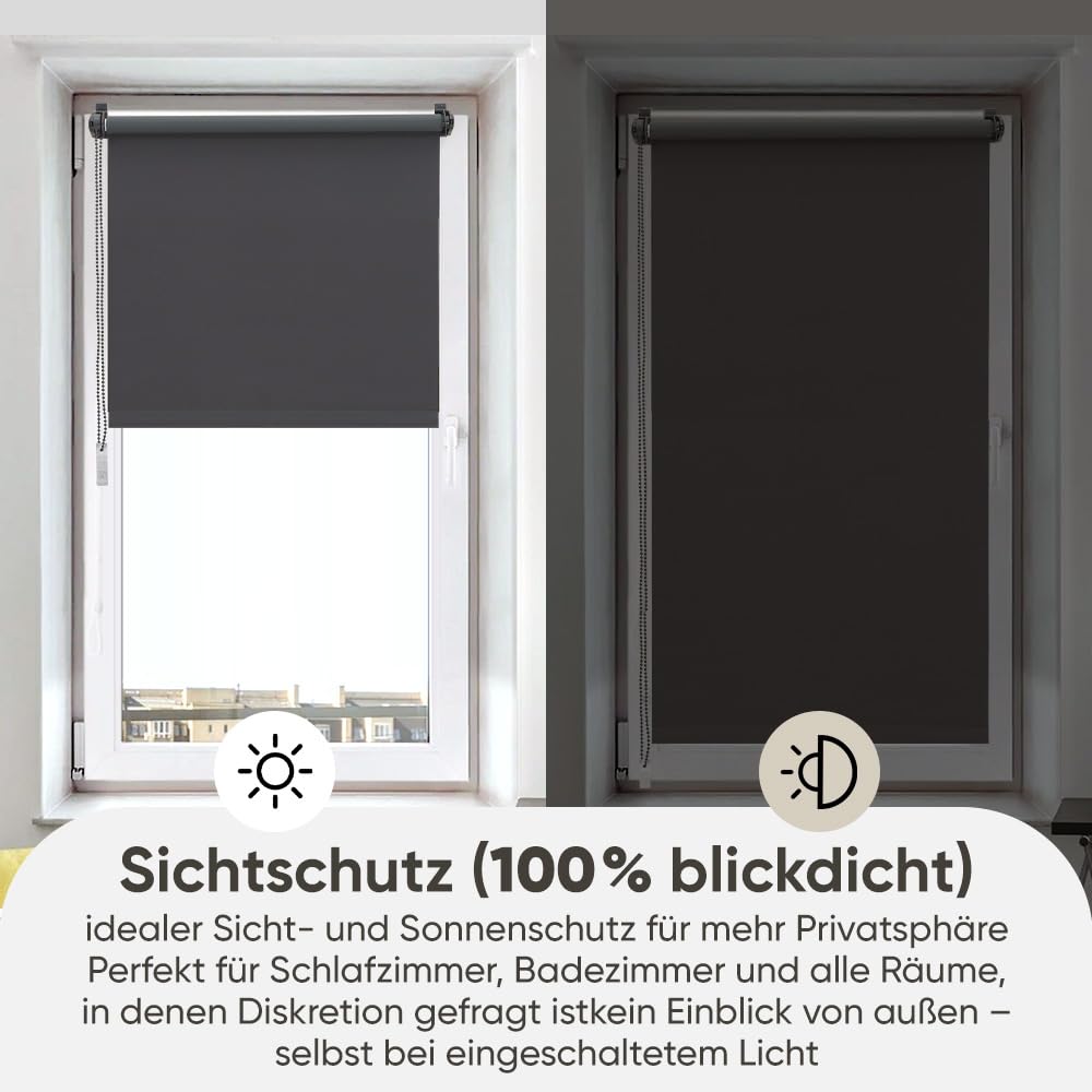 Sekey Verdunklungsrollo ohne Bohren Klemmfix 130 cm breit, Seitenzugrollo Hitzeschutz Sichtschutz und Sonnenschutz Wandmontage Deckenmontage Klemmrollo für Fenster & Tür, 130 x 150cm, Grau