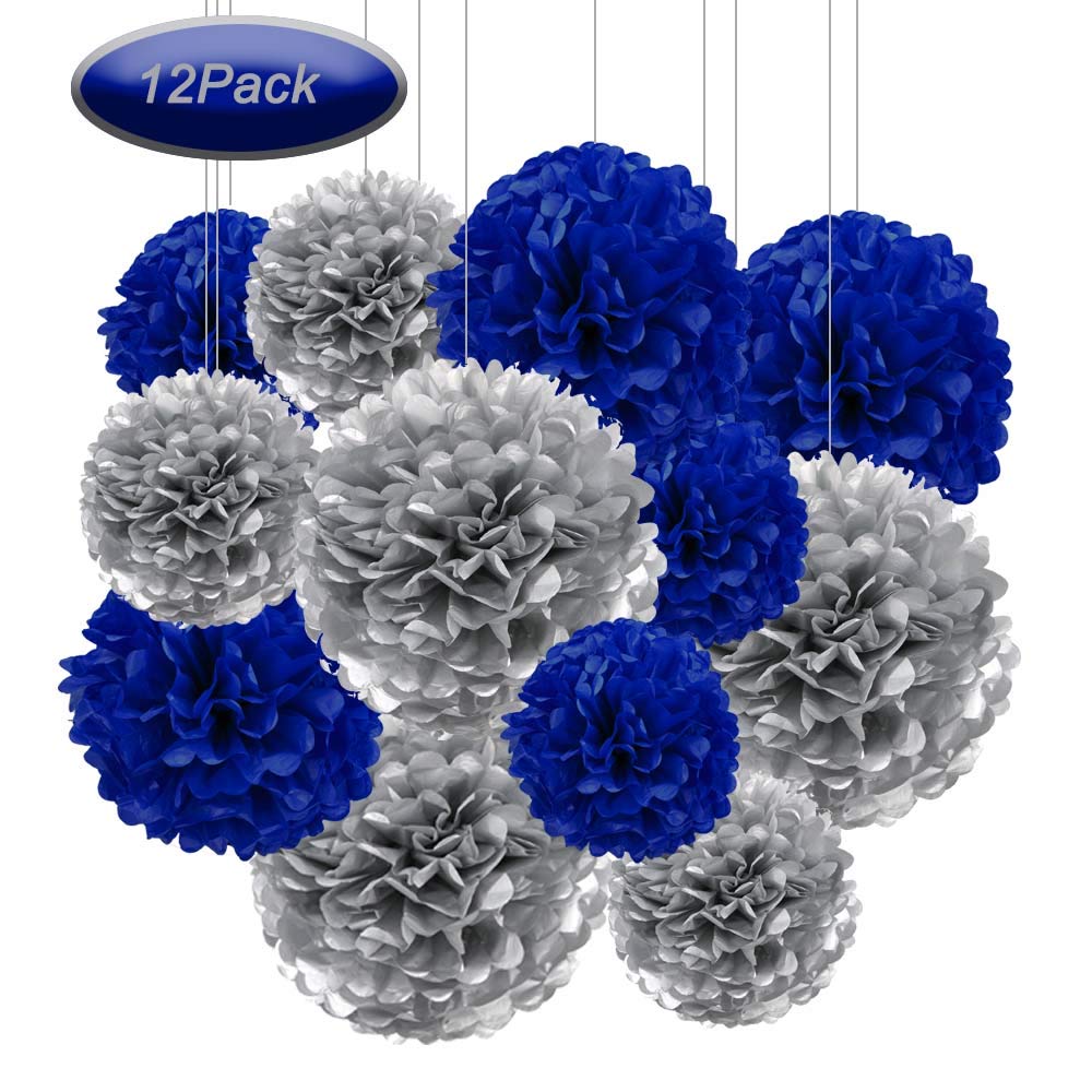 Aimto 12pcs Navy Blue and Silver Paper Pom Poms Decorations for Dallas Cowboys Party Decorations - 2 Colors of 12 Inch, 10 Inch