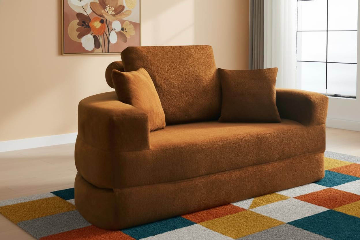 71" Convertible Round Sofa Bed, Velvet Folding Floor Couch with Armrests & 2 Pillows, Boneless Loveseat Sleeper for Living Room, Apartment, Playroom, Orange