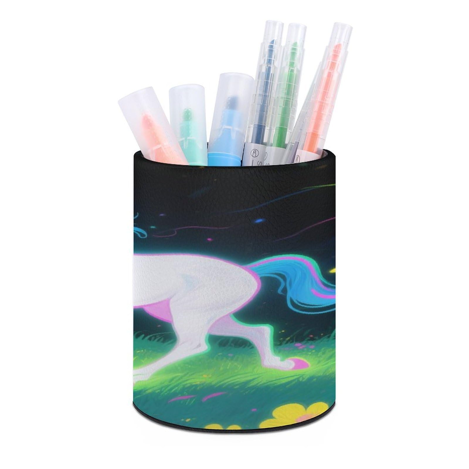 VstaDank Fluorescent Horse Pen Holder Round Pencil Holder Cup Pen Container PU Leather Desk Organizer Stand Decor Brush Scissor Holders Decoration Office Desk Home (3.1 X 3.9 Inches)