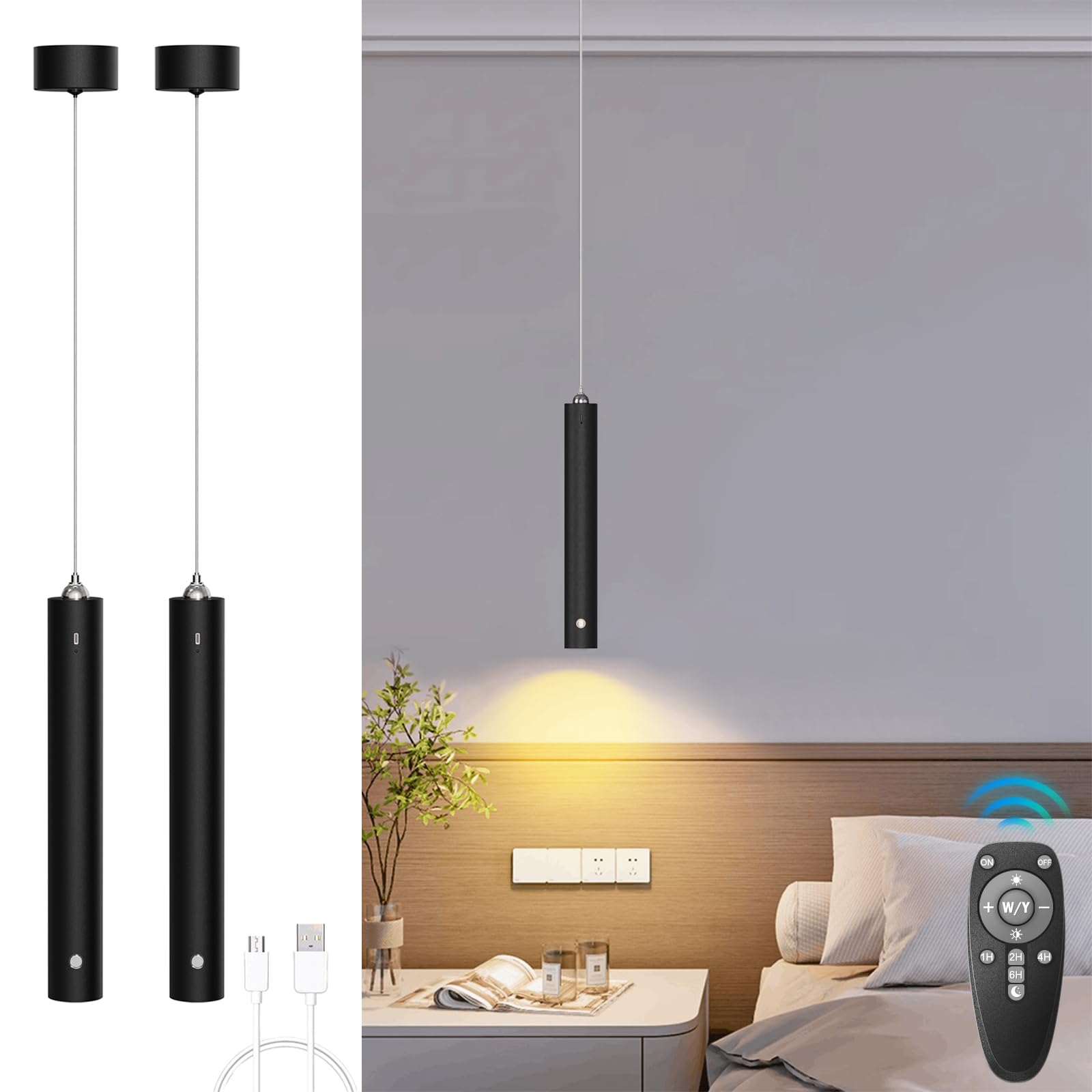 ACMHNC Akku Pendelleuchte, 2er LED Hängelampe mit Batterie 4500mAh, Dimmbare mit Fernbedienung, Timer 1/2/4/6H, 3 Lichtfarben, 5W Pendelleuchte Schwarz für Schlafzimmer, Esstisch, Ø4x30cm
