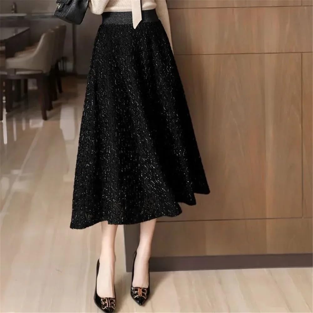 Falda de Lentejuelas Falda de Tweed a Cuadros con Lentejuelas for Mujer, Falda Larga Negra Gruesa de Fiesta de Invierno, Faldas Acampanadas de Cintura Alta elásticas