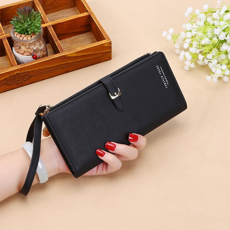 PORT&LOTUS Bifold Wallet with Zipper Pocket - PU Leather Zip Wristlet Wallet for Women - Black Slim Wallet for Cash and Cards2