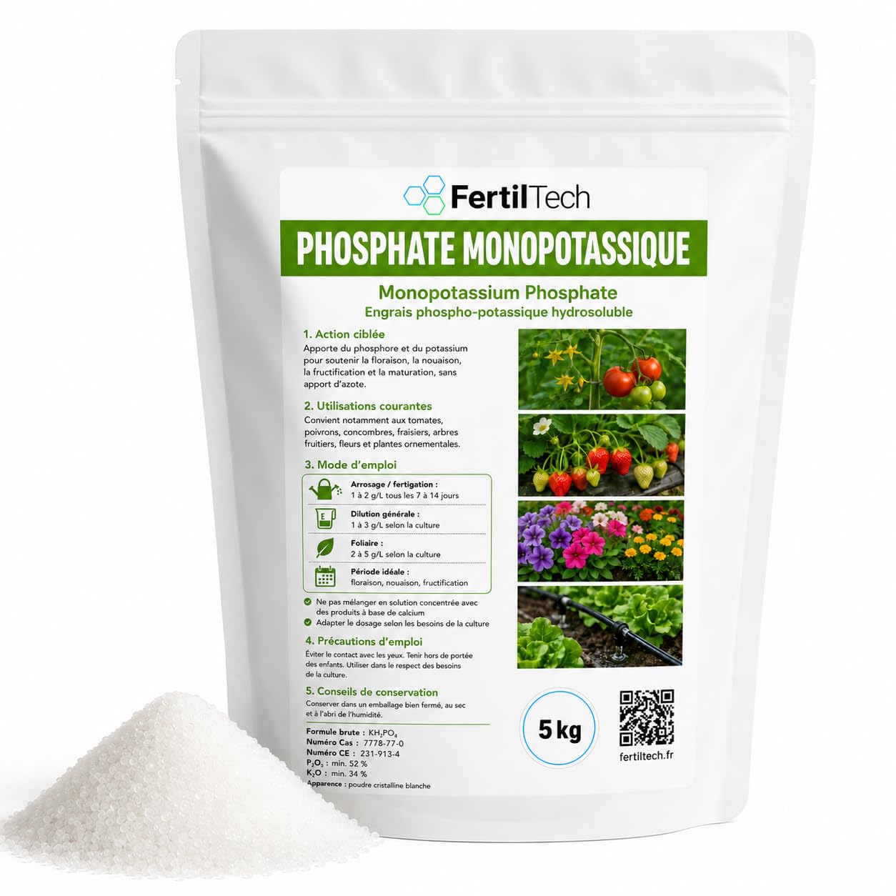 Fosfato Monopotassico MKP 5 kg | Concime Fosfo-Potassico Idrosolubile, Senza Azoto, Solubile per Irrigazione, Fertirrigazione, Giardino, Orto, Fiori e Fruttiferi