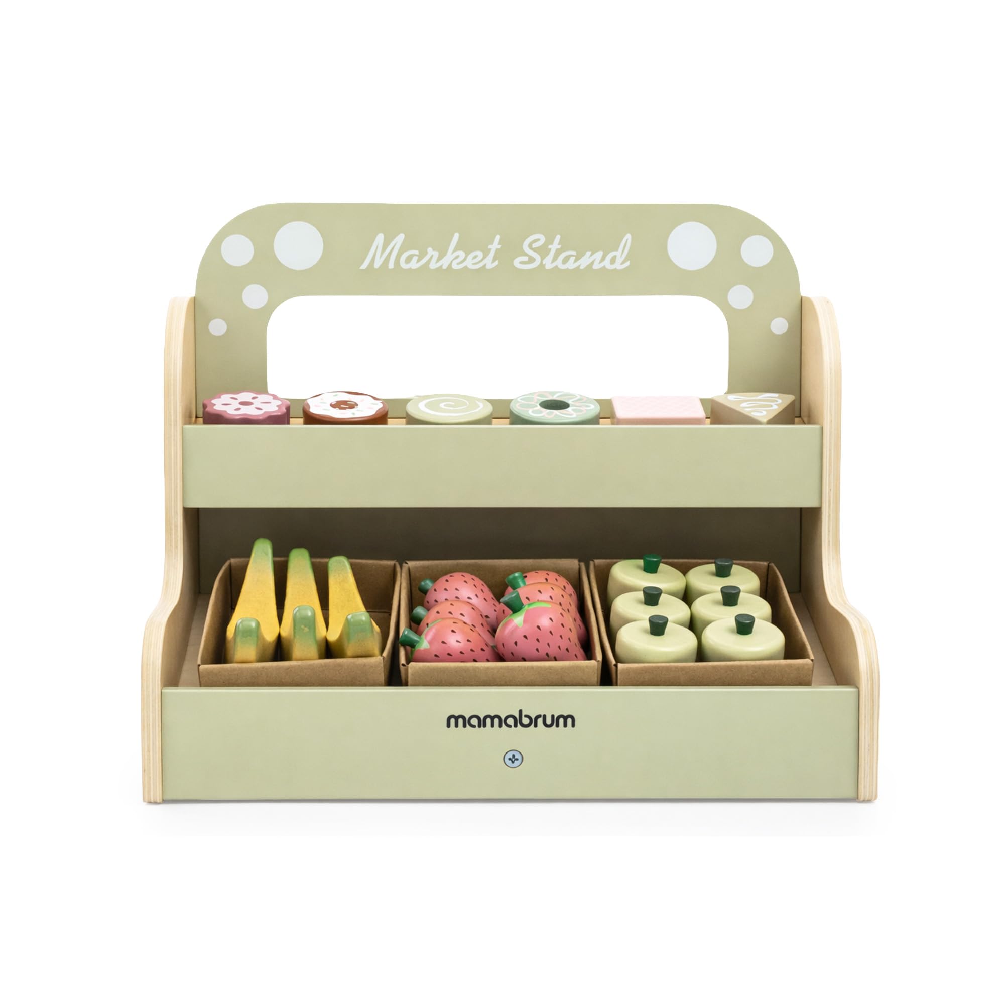 Mamabrum Holz Kinderladen Marktstand Zweistöckig Tragbar 24-Teiliges Set Obst und Dessert Rollenspiel Spielzeug für Kinder ab 24 Monaten, 17,9 x 32,0 x 27,4 cm