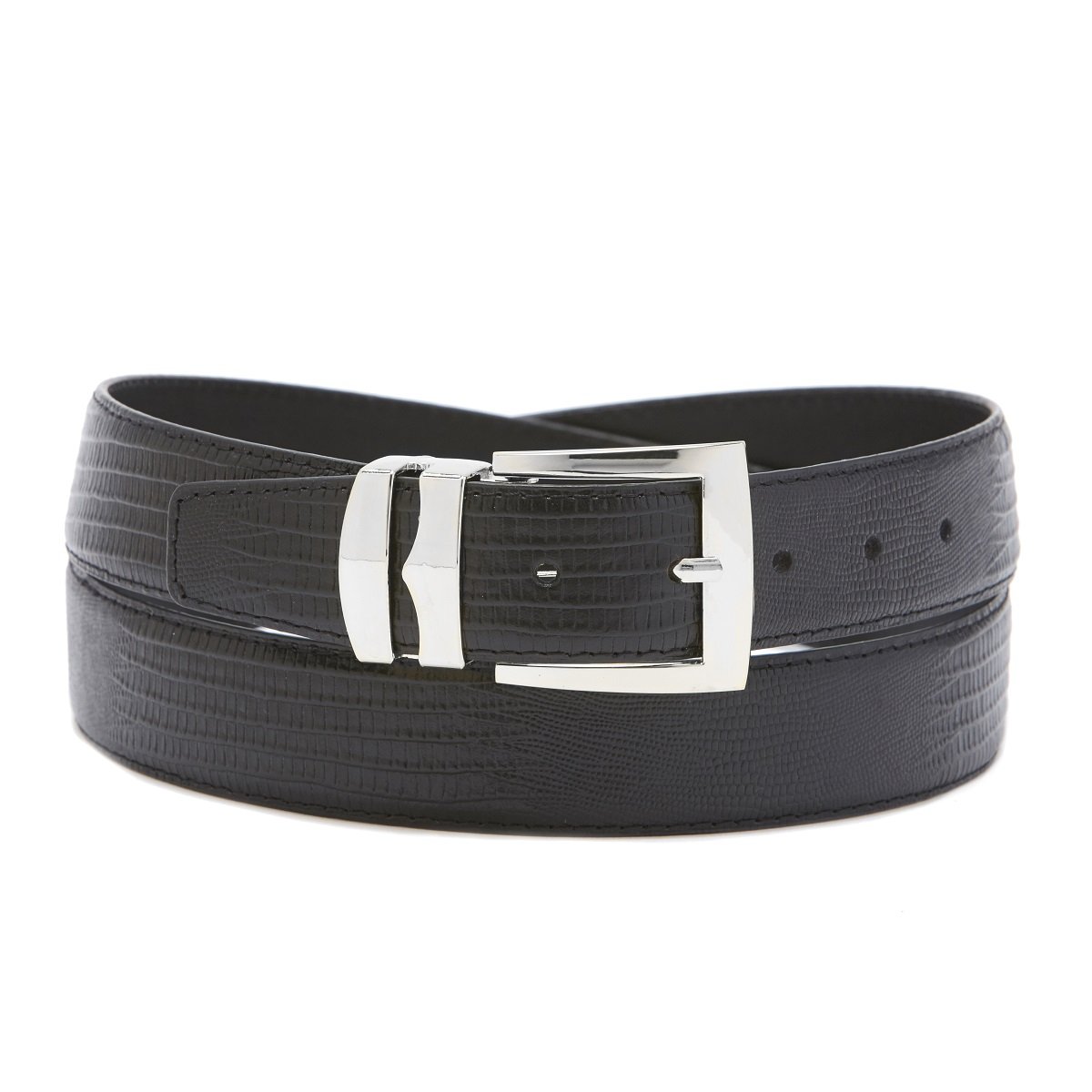 Concitor Men's Wide Bonded Leather Belt BLACK LIZARD Skin Pattern Silver-Tone Buckle 44