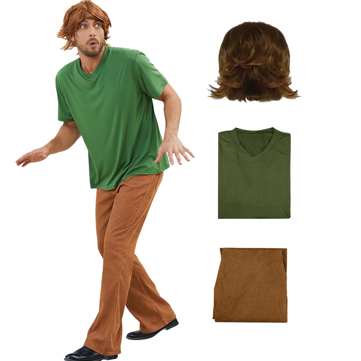 AYYOHON Halloween Costume Wig Mens Shirt Pants Set Classic Movie Character Cosplay Outfits Halloween Fancy Dress Suit 2XL